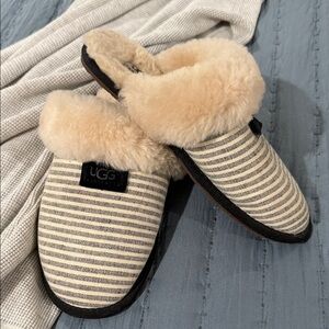 UGG Beige and Grey Striped Fur Slippers